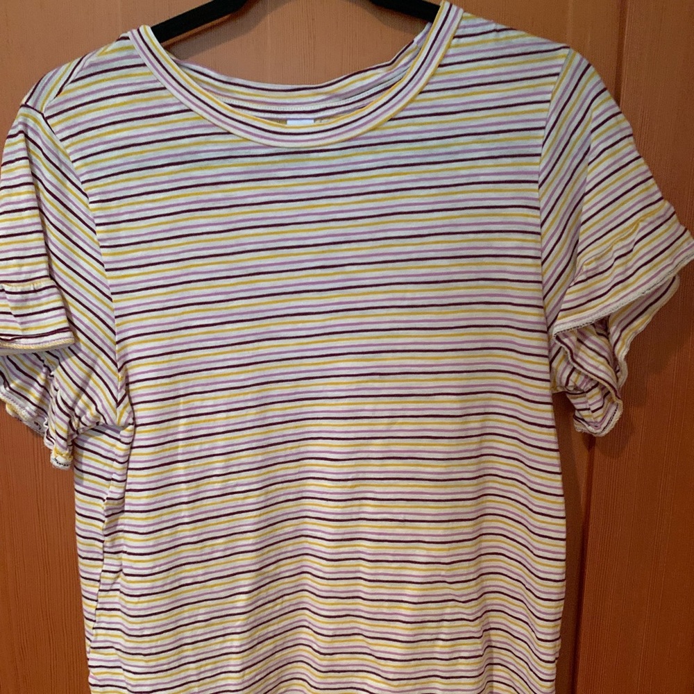striped frilly sleeve t shirt pink yellow purple cream